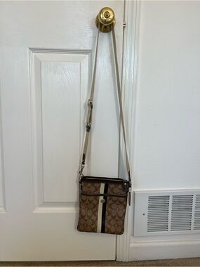 Coach Brown Signature Crossbody with Cream Stripe
